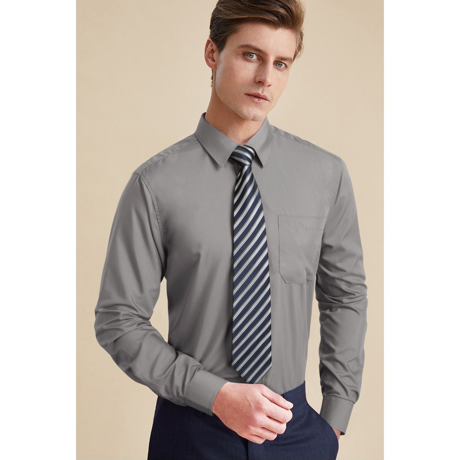 Hisdern Non-iron Grey Dress Shirt and Striped Tie