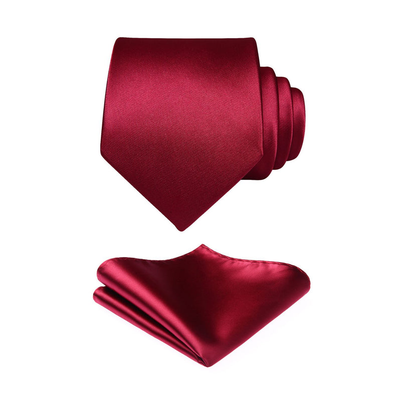 Solid Tie Handkerchief Set - BURGUNDY RED 