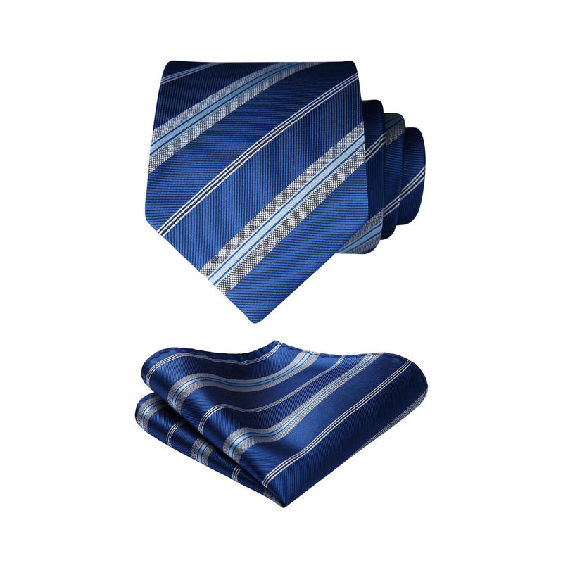 Stripe Tie Handkerchief Set - V- NAVY BLUE-9 