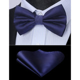 Solid Pre-Tied Bow Tie & Pocket Square - V-NAVY BLUE 3 