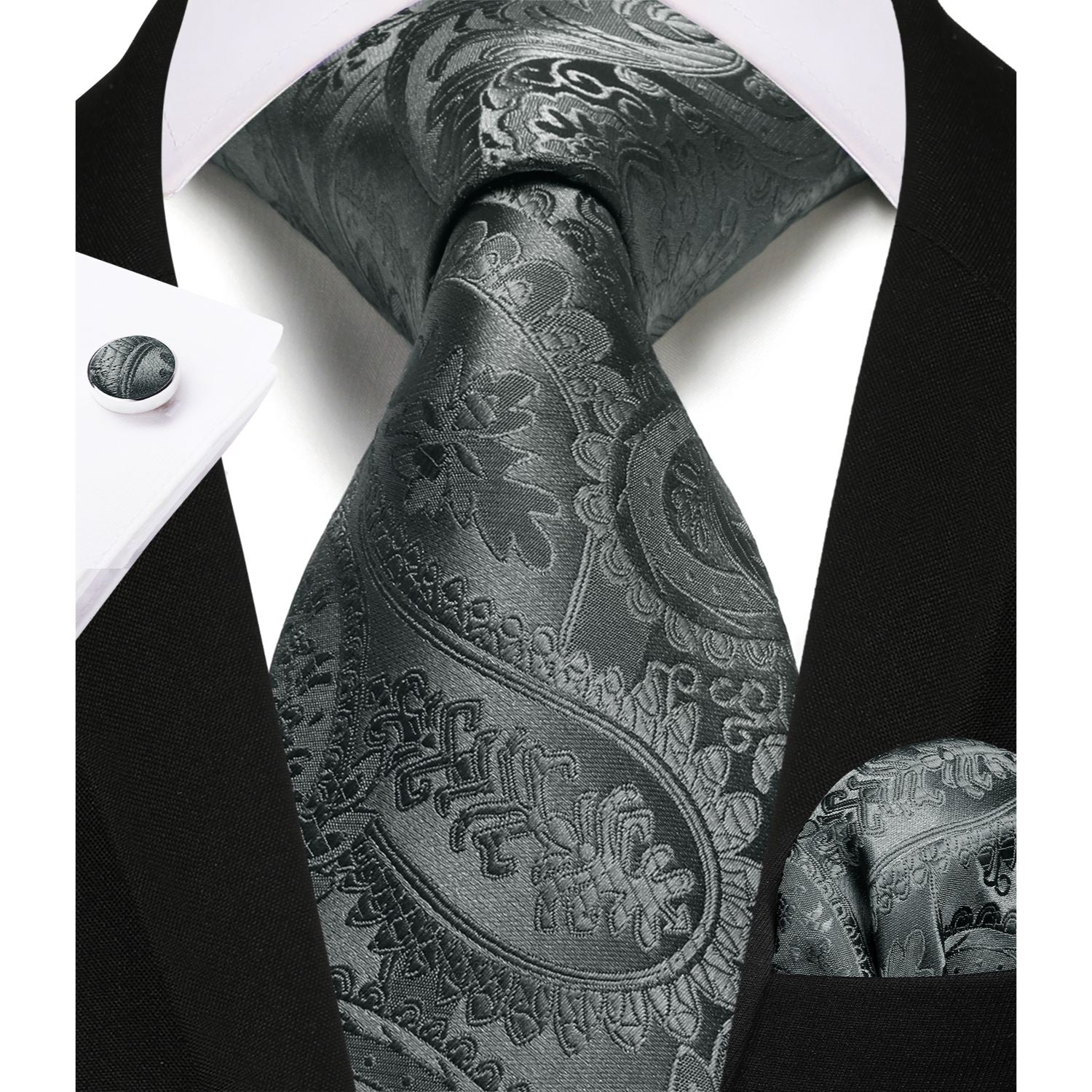 Paisley Tie Handkerchief Cufflinks - GREY-1