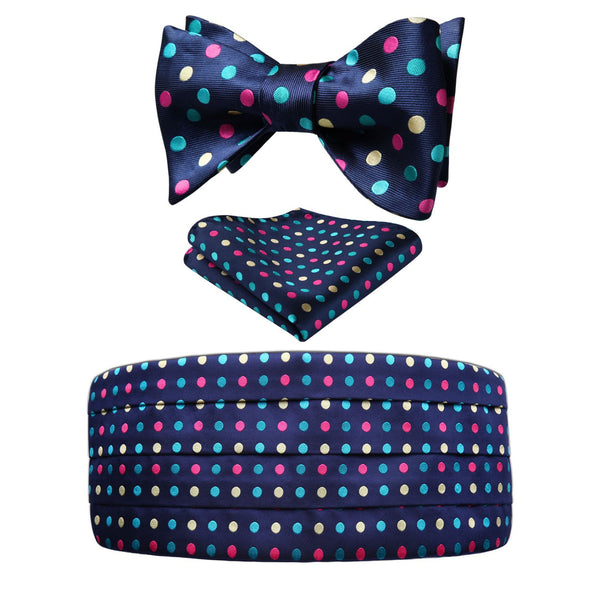 Polka Dot Cummerbund Bow Tie Pocket Square Set - NAVY BLUE/YELLOW/RED 
