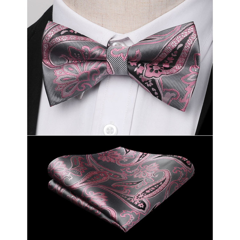 Paisley Pre-Tied Bow Tie & Pocket Square - 02-A2-PINK 