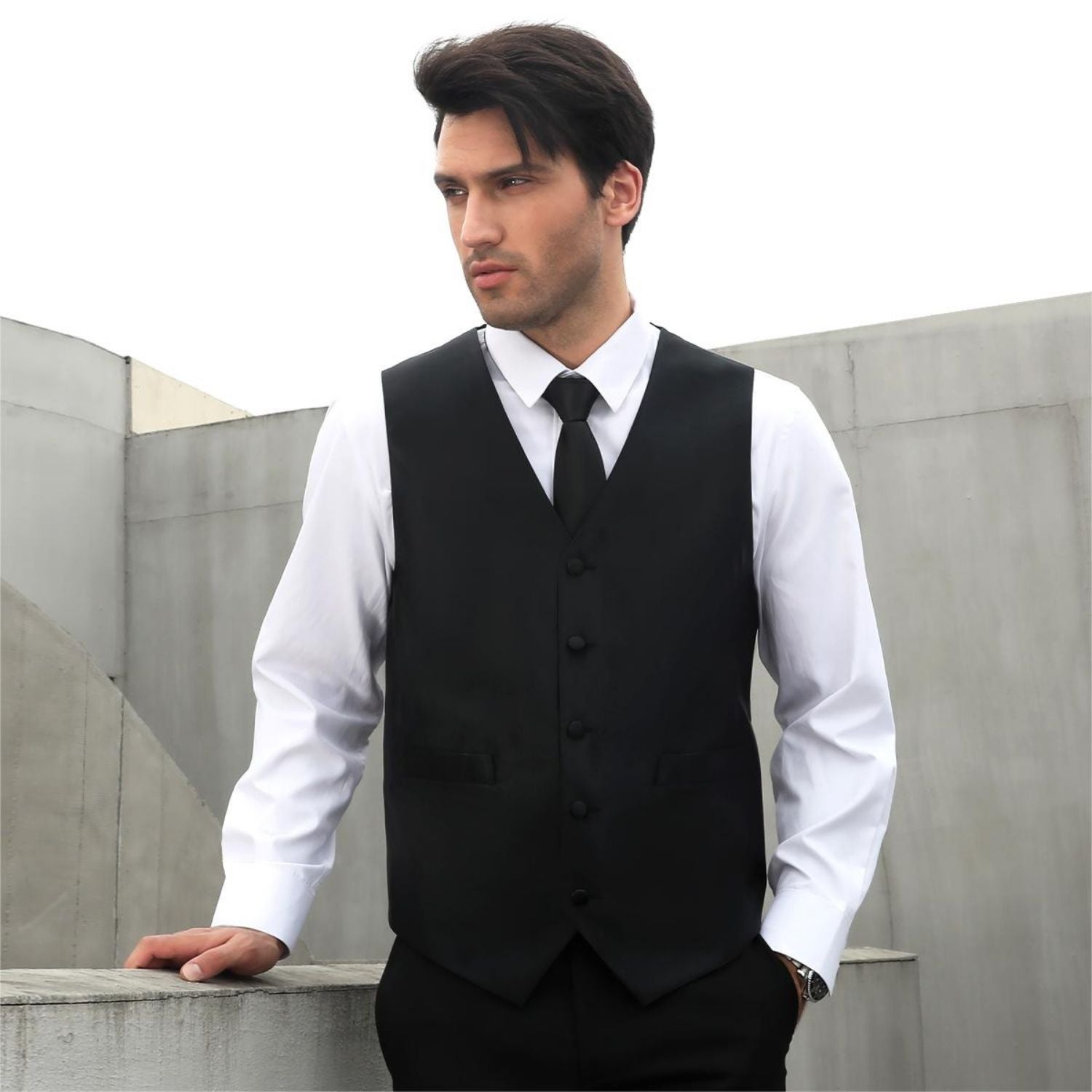 Hisdern Men's Black Solid Vest Tie Set For Weddings