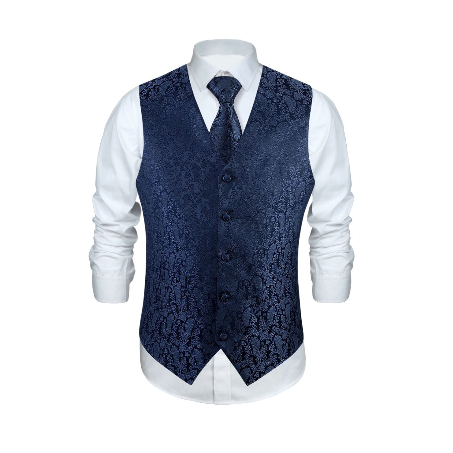 Hisdern Men's Navy Blue Paisley Vest Tie Set For Weddings Anniversary