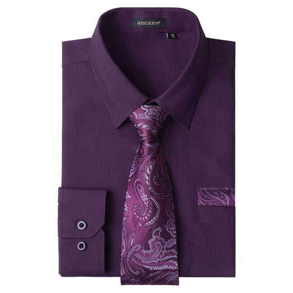 Men's Shirt with Tie Handkerchief Set - 09-PURPLE 