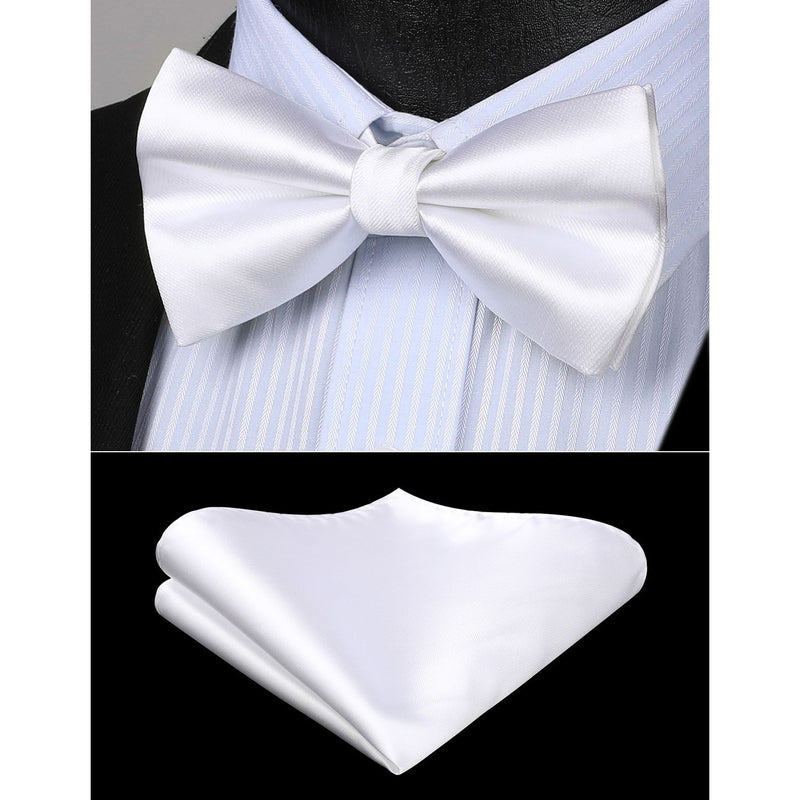 Solid Pre-Tied Bow Tie & Pocket Square - WHITE 