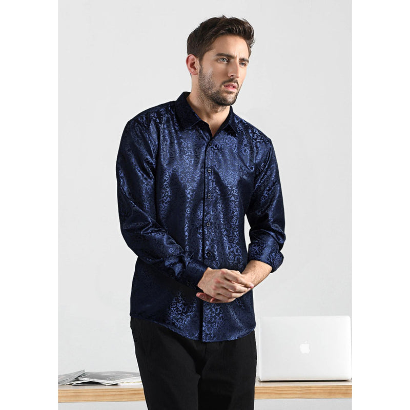 Floral Satin Dress Shirt - 04-NAVY BLUE 