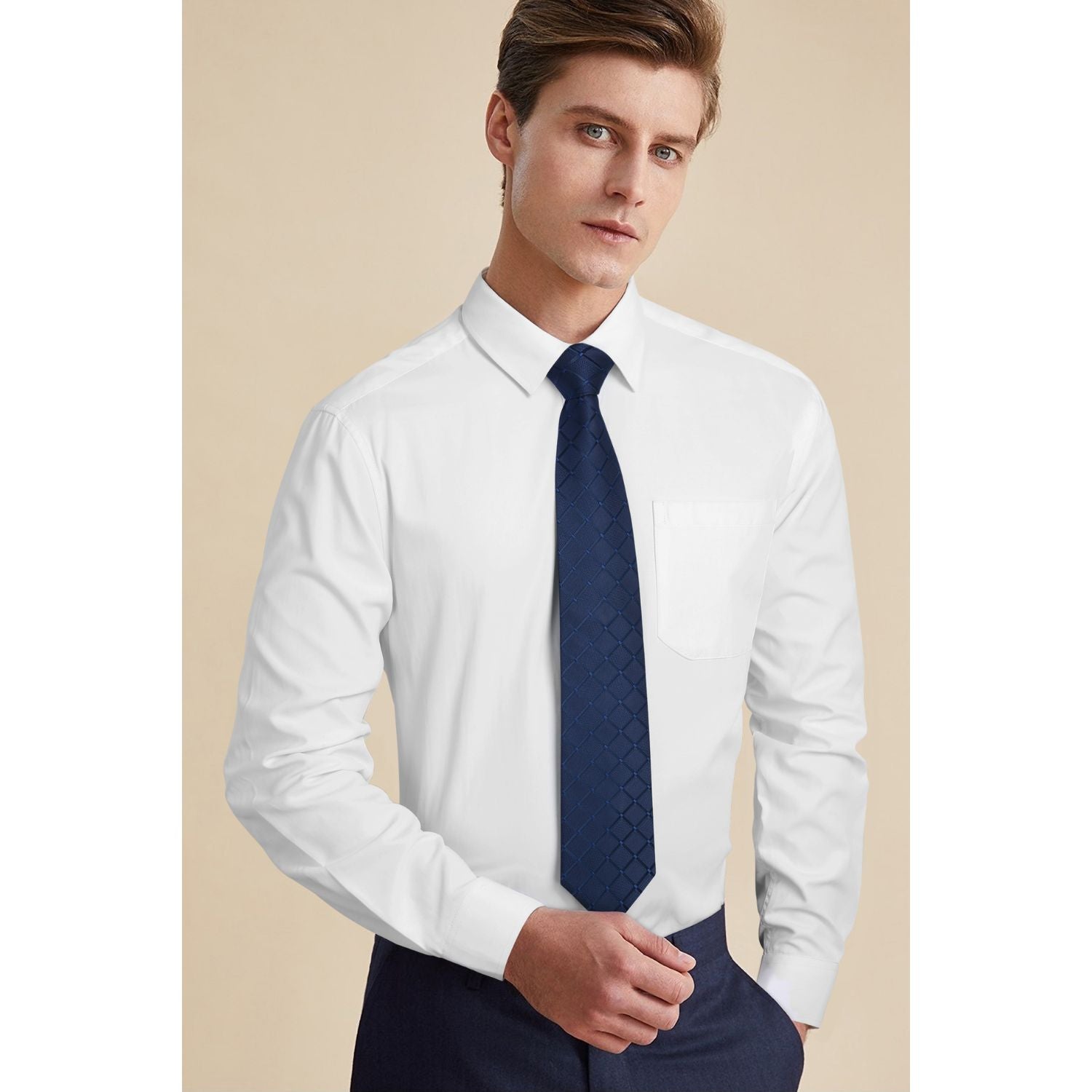 white shirt and navy tie