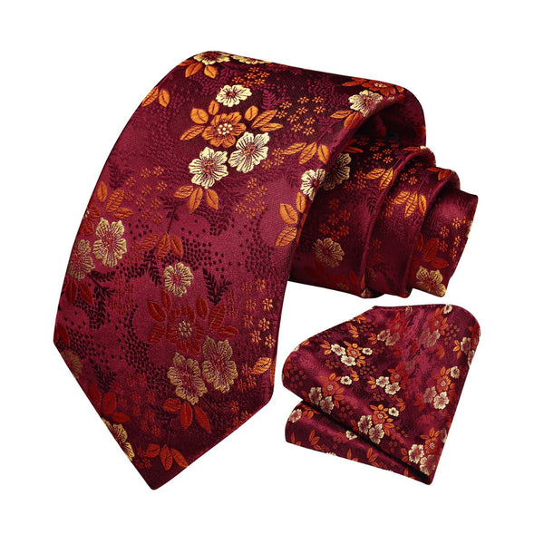 Floral Tie Handkerchief Set - W-BURGUNDY 