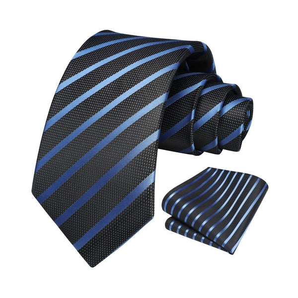 Stripe Tie Handkerchief Set - A- BLACK BLUE