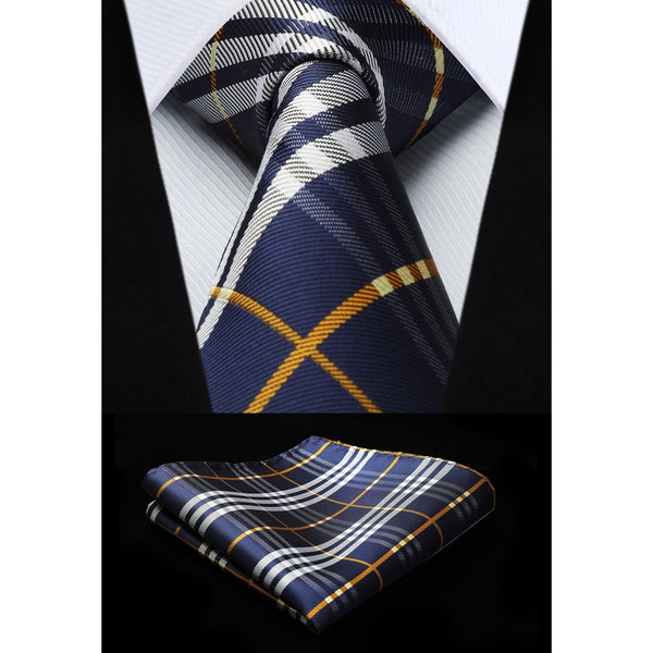 Plaid Tie Handkerchief Set - 056-NAVY BLUE GREY ORANGE 