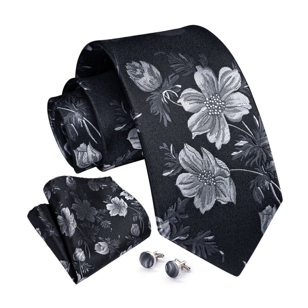Floral Tie Handkerchief Cufflinks - A-BLACK 