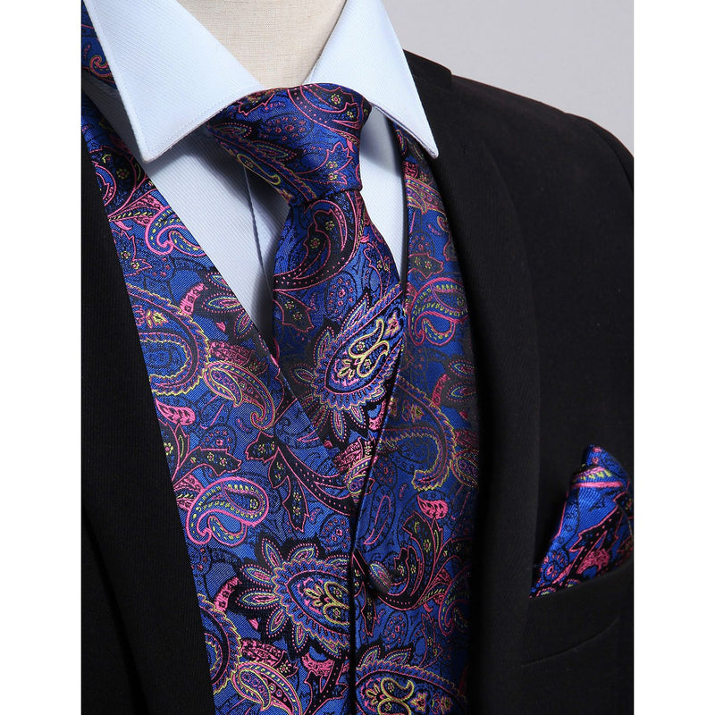 Paisley Vest Tie Handkerchief Set - BLUE & PINK