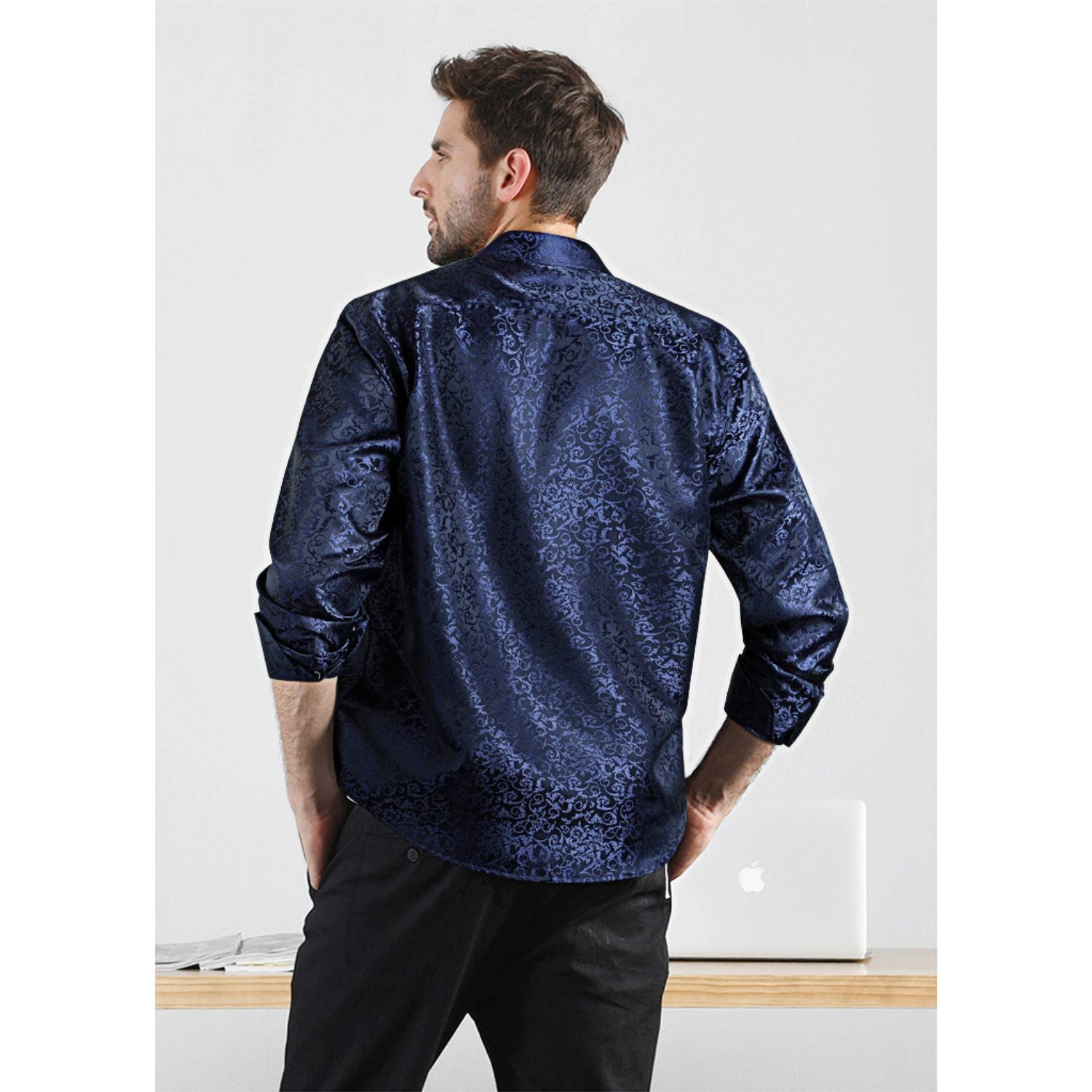 Floral Satin Dress Shirt - 04-NAVY BLUE