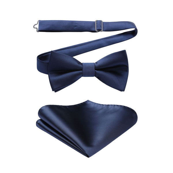 Solid Pre-Tied Bow Tie & Pocket Square - NAVY BLUE 