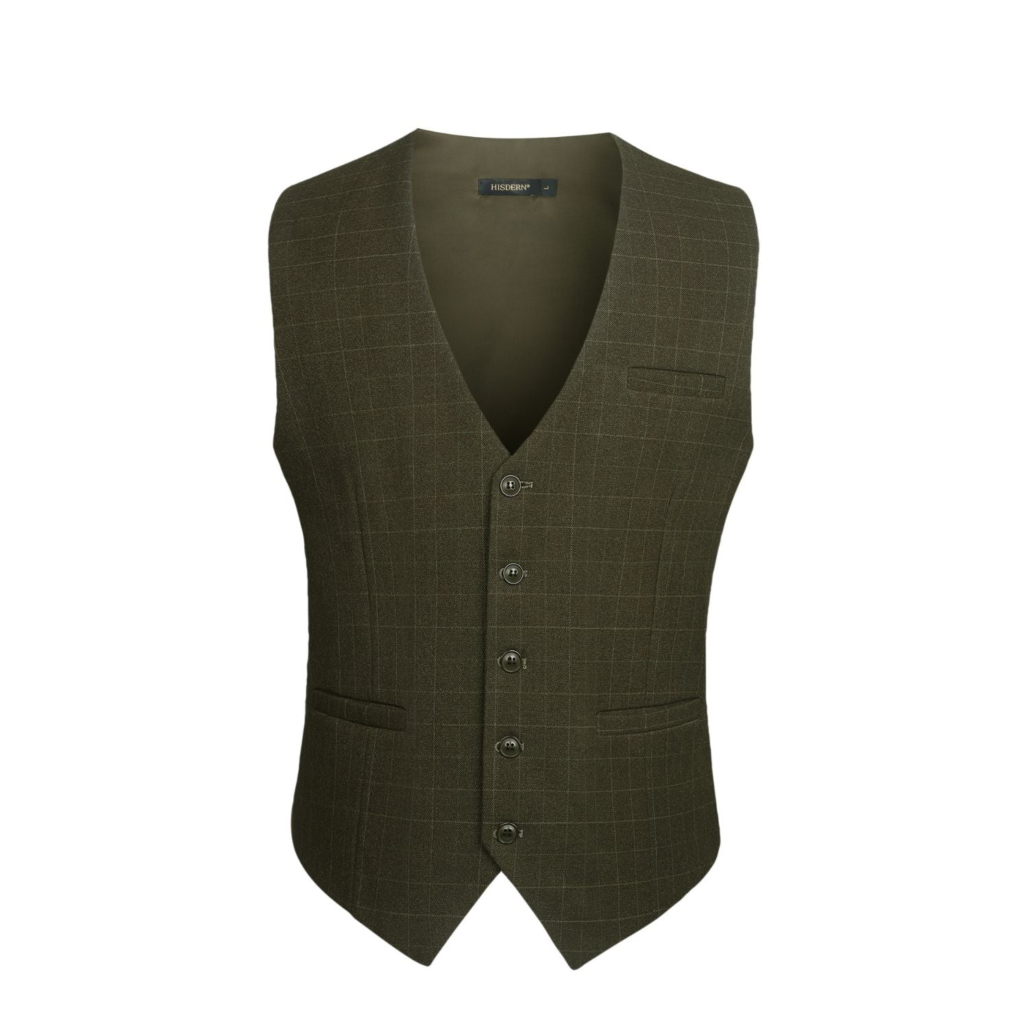 Hisdern Men's Olive Green Plaid Slim Suit Vest Formal Wear