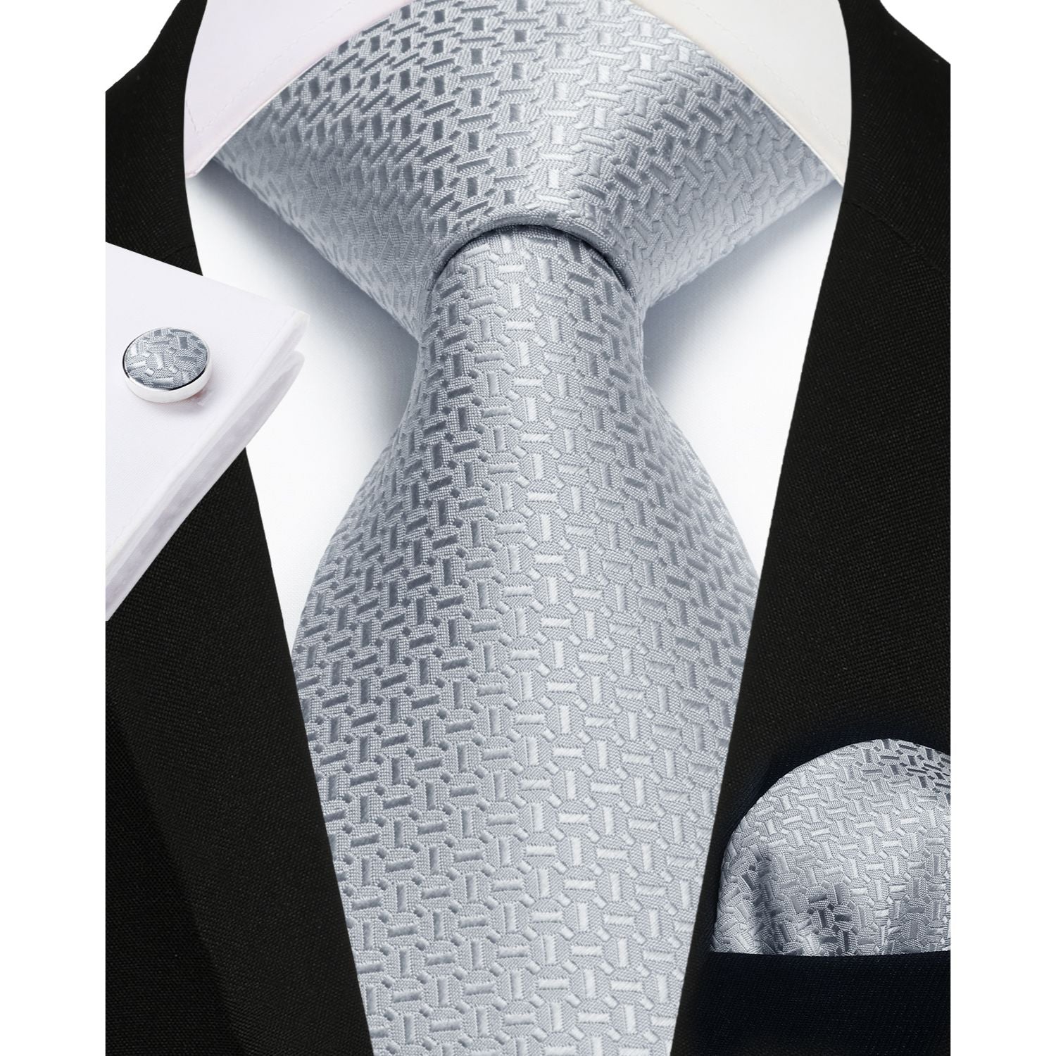 Stripe Tie Handkerchief Cufflinks - A03-SILVER