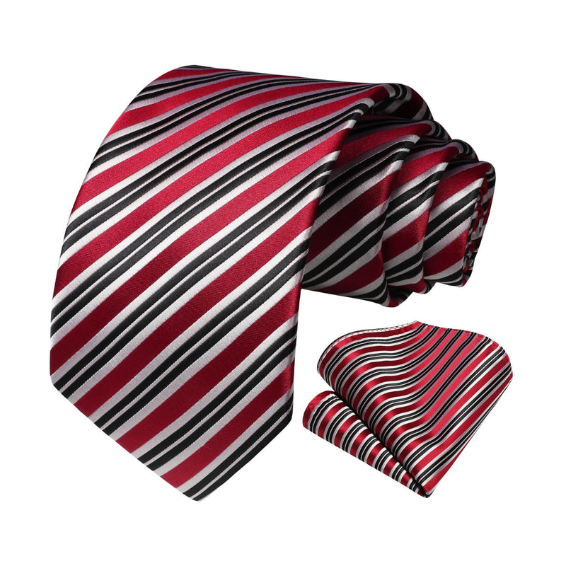 Stripe Tie Handkerchief Set - RED/WHITE/BLACK