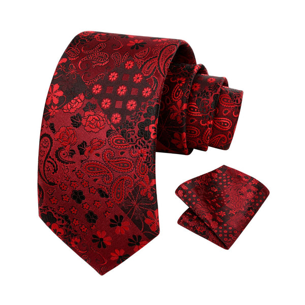 Floral Tie Handkerchief Set - A5-BURGUNDY 