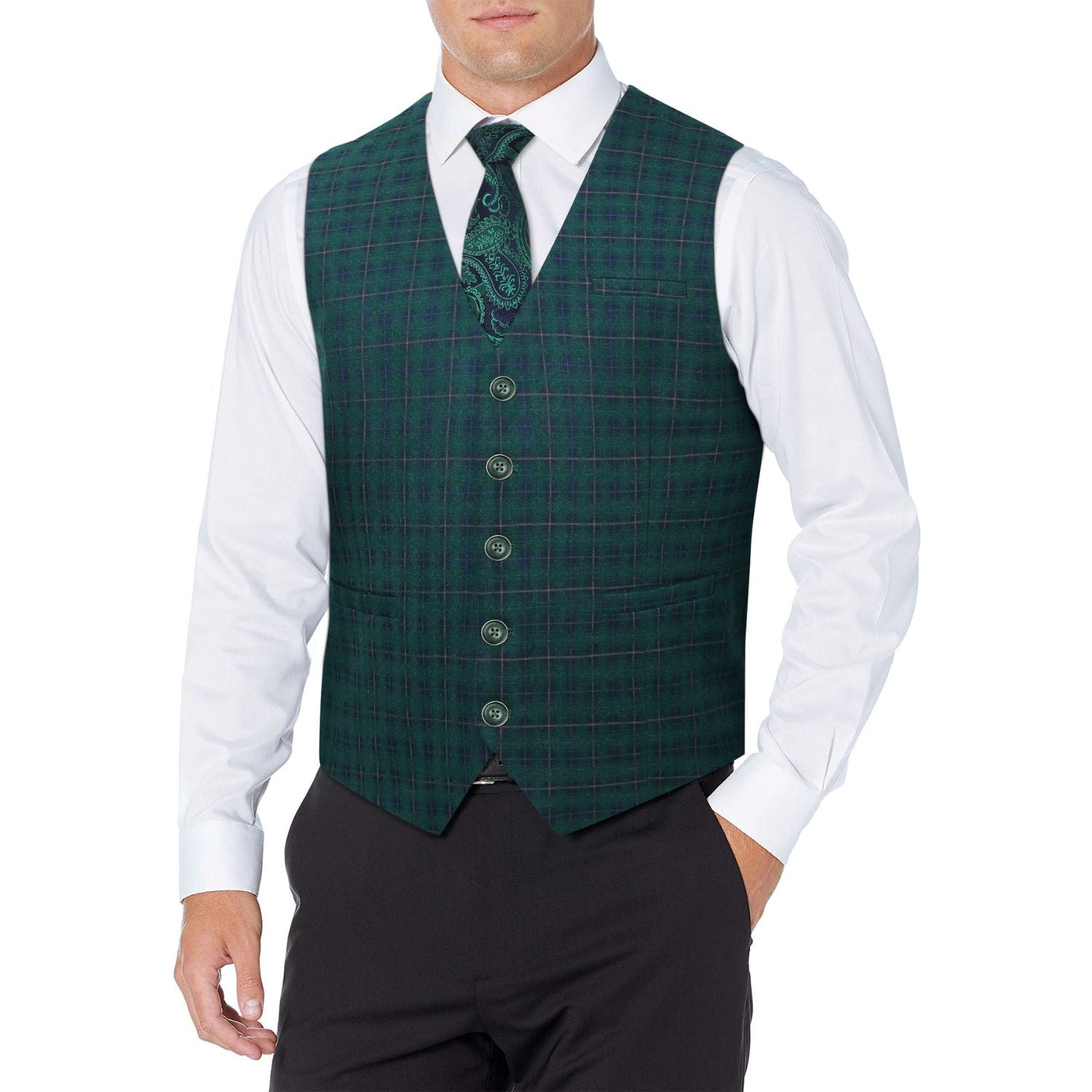 Plaid Slim Vest - B-GREEN
