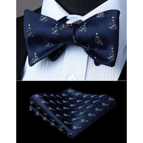 Christmas Bow Tie & Pocket Square - NAVY BLUE/RED/GREEN