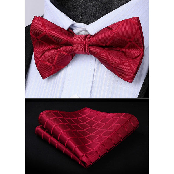 Plaid Pre-Tied Bow Tie & Pocket Square - C-RED 1 