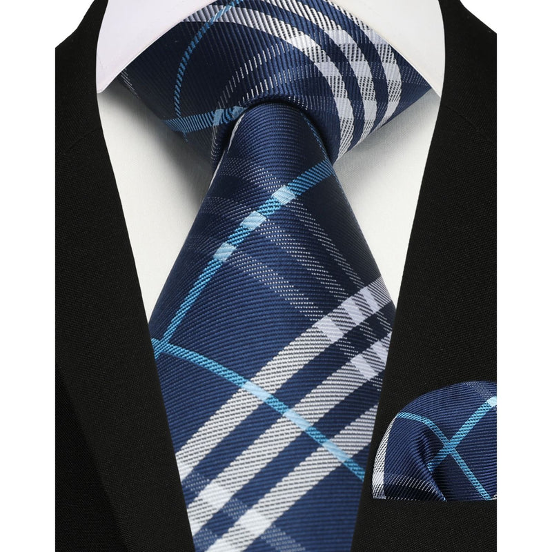 Plaid Tie Handkerchief Set - BLUE/WHITE 