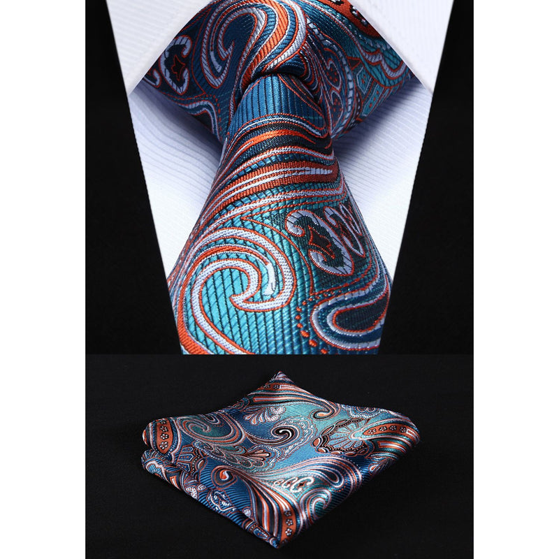 Paisley Tie Handkerchief Set - AQUA/ORANGE 