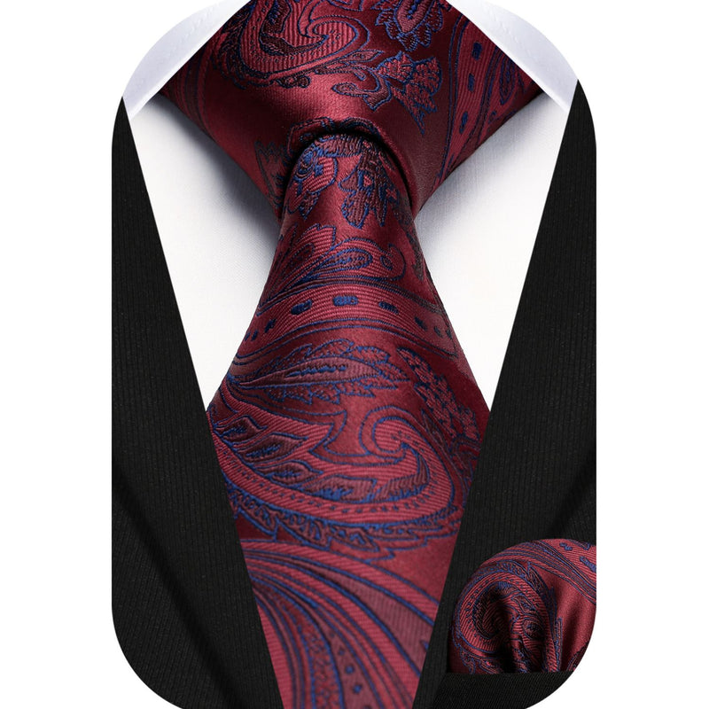 Paisley Tie Handkerchief Set - 01A-BURGUNDY1
