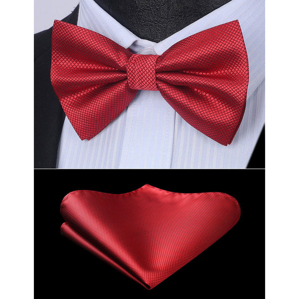 Solid Pre-Tied Bow Tie & Pocket Square - C-RED 2 