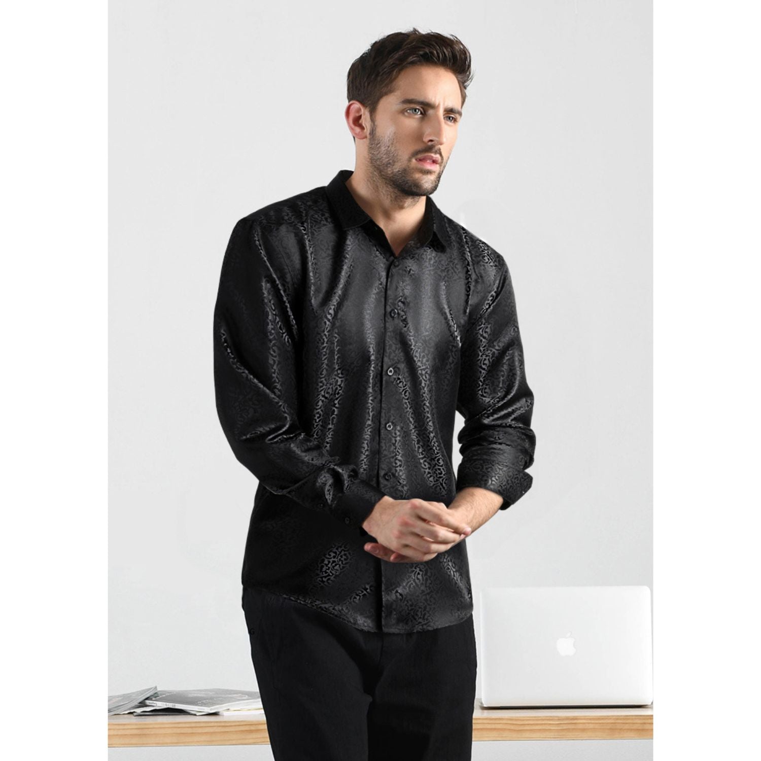 Floral Satin Dress Shirt - 02-BLACK