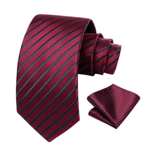 Stripe Tie Handkerchief Set - 8-BURGUNDY/BLACK 