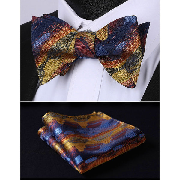 Floral Bow Tie & Pocket Square - GOLD/NAVY BLUE 