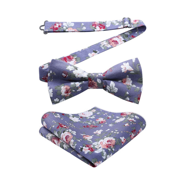 Paisley Pre-Tied Bow Tie & Pocket Square - I-FLORAL PRINT BLUE/PINK 
