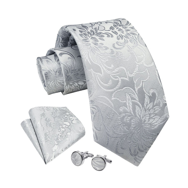 Floral Tie Handkerchief Cufflinks - 1A-WHITE 