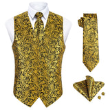 Paisley Floral 4pc Suit Vest Set - F-GOLD/BLACK 