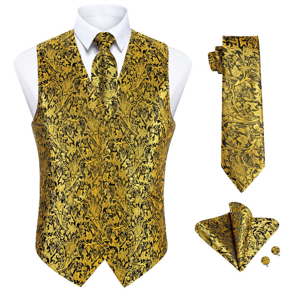 Paisley Floral 4pc Suit Vest Set - F-GOLD/BLACK 