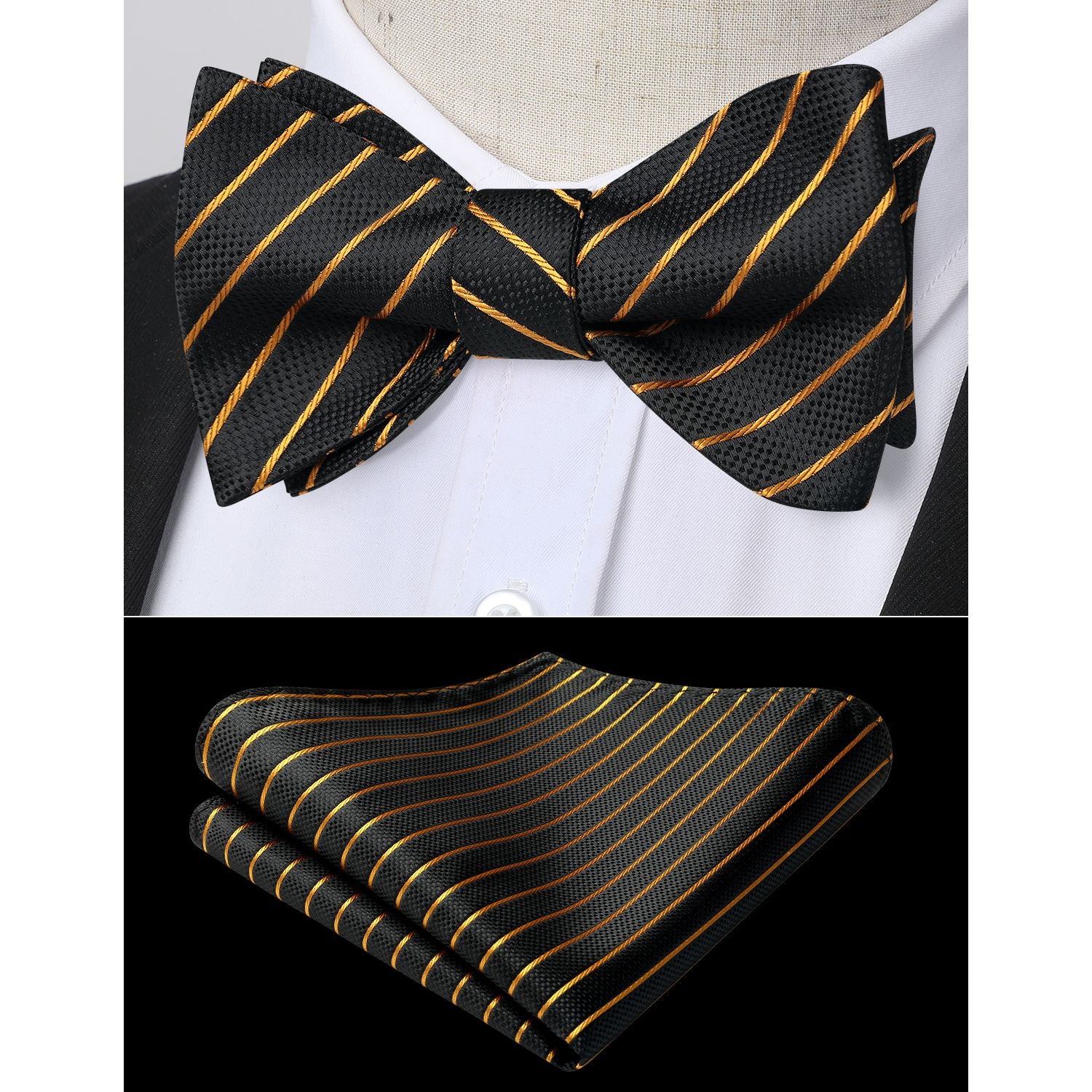 Stripe Bow Tie & Pocket Square - BLACK GOLD