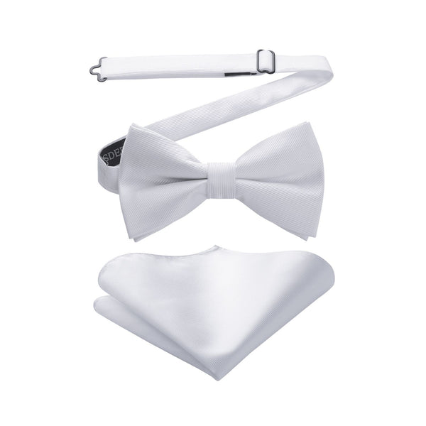 Solid Pre-Tied Bow Tie & Pocket Square - WHITE 