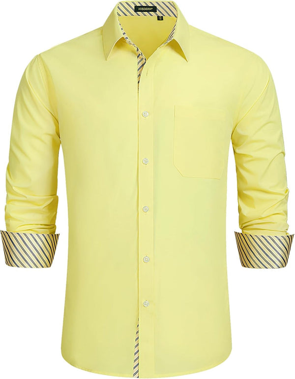 Men's Patchwork Dress Shirt with Pocket - LIGHT YELLOW/STRIPED