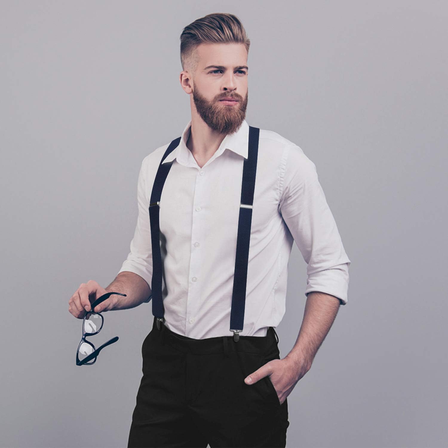 2PCS 1.4" Adjustable Suspender with 4 Clips - C-BLACK/NAVY BLUE
