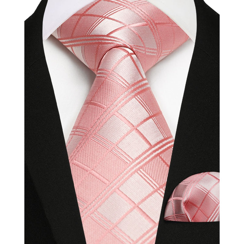 Plaid Tie Handkerchief Set - SOLID PINK 