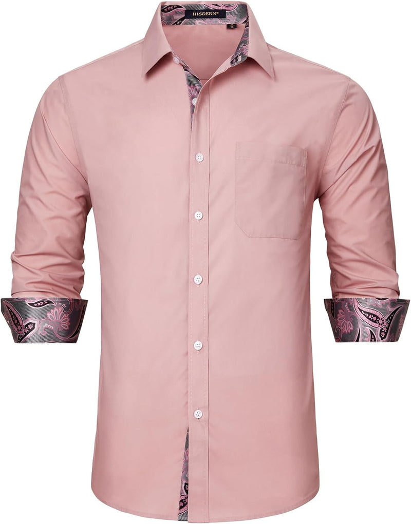 Men's Patchwork Dress Shirt with Pocket - DUSTY PINK/PAISLEY