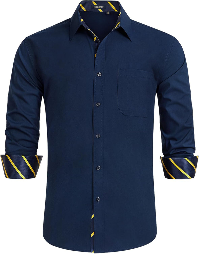 Men's Patchwork Dress Shirt with Pocket - NAVY BLUE/STRIPED