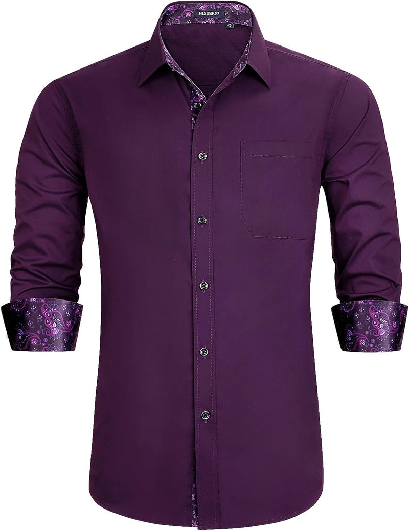 Men's Patchwork Dress Shirt with Pocket - DARK PURPLE/PAISLEY