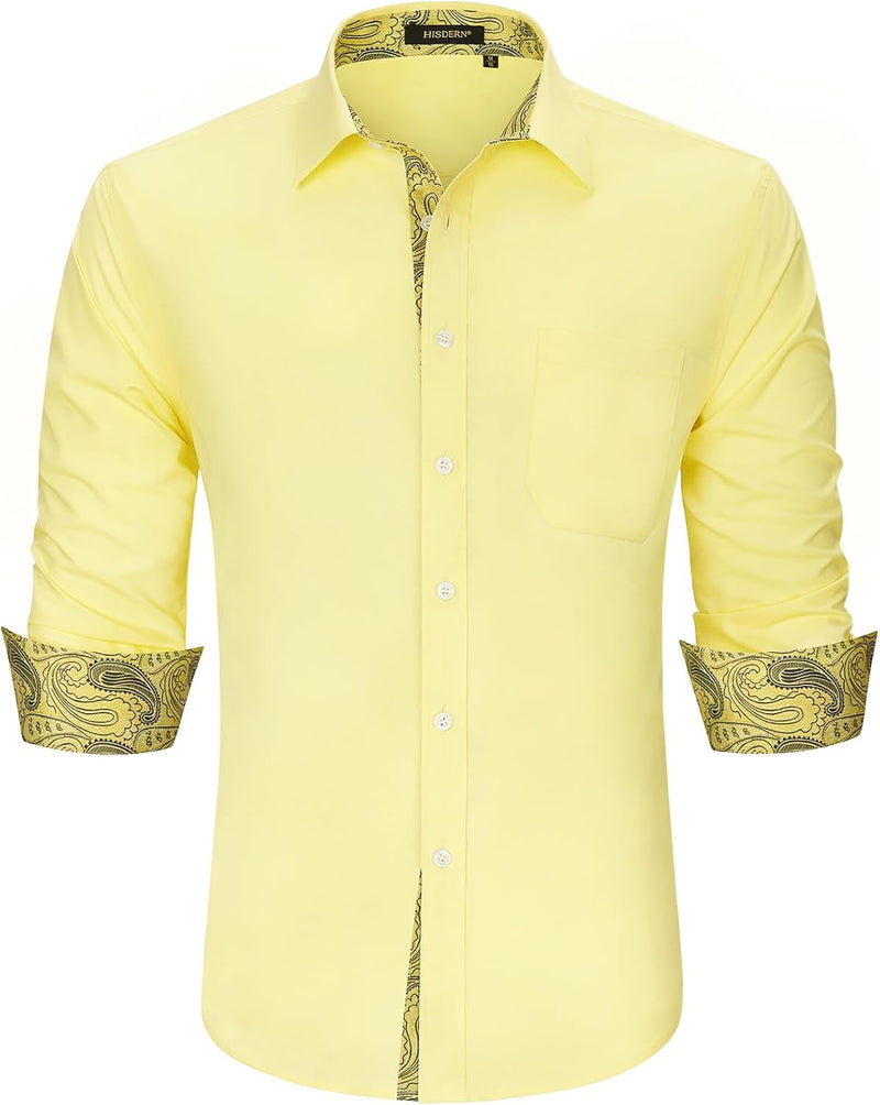 Men's Patchwork Dress Shirt with Pocket - LIGHT YELLOW/PAISLEY