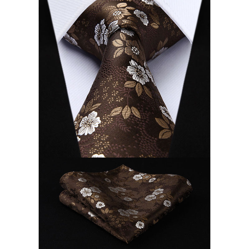 Floral 3.4 inch Tie Handkerchief Set - 11-BROWN/WHITE 