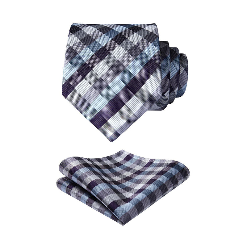 Plaid Tie Handkerchief Set - B-BLUE & GRAY/WHITE CHECK 