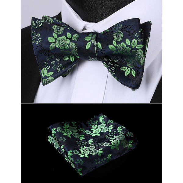 Floral Bow Tie & Pocket Square - A-GREEN/NAVY BLUE 